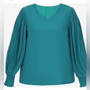 Teal V-Neck Pleated Sleeve Women's Top